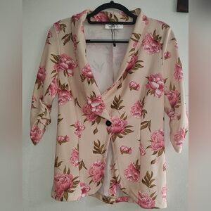 Doublju Floral Blazer in Cream and Pink